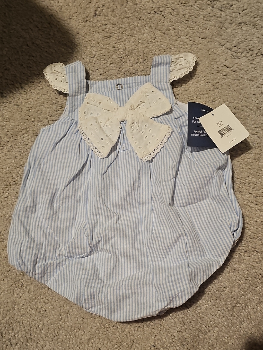 Blue & White Striped Baby Bubble Romper with Eyelet Bow